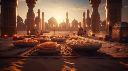 ramadan food mosque background ,Concept: Ramadan food Sweets mixed of dried fruits , Dates premium dates, full of date fruits, Arabic coffee, month fasting culture Muslim prayer, 