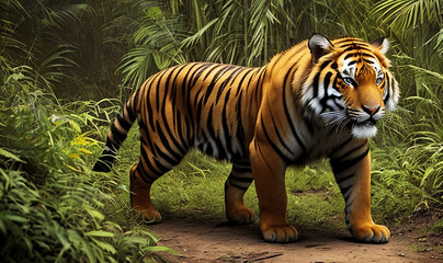 Obraz premium Decorative tiger portrait in the jungle, illustration. Generative AI
