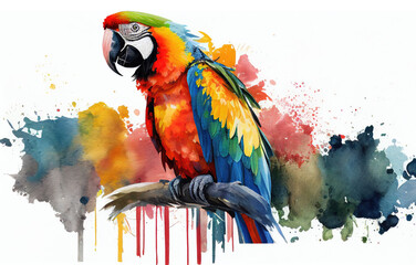 Ara parrot painted in watercolor style on black background