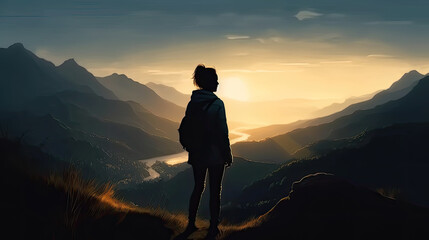 silhouette of a woman in the mountains created with Generative AI technology