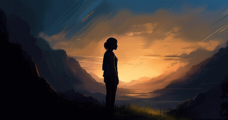 Fototapeta premium silhouette of a woman in the mountains created with Generative AI technology