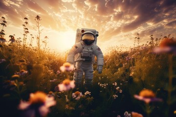 Fototapeta na wymiar astronaut floating among flowers, with the sunset in the background, created with generative ai