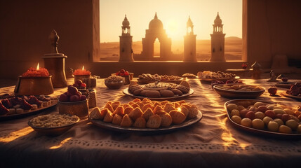 ramadan food mosque background ,Concept: Ramadan food Sweets mixed of dried fruits , Dates premium dates, 
full of date fruits, Arabic coffee, month fasting culture Muslim prayer, Generative AI 
