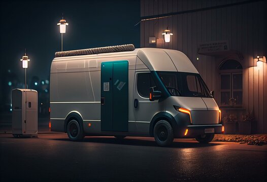 Electric delivery van with electric vehicles charging station. Generative AI