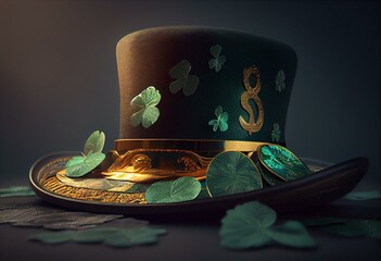 Saint Patrick hat with gold coins and clovers banner. Generative AI