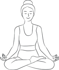 Young woman is sitting in lotus position with closed eyes and smile