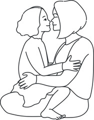 Mother’s Day greeting card with a child sitting on mother’s knees. Daughter and mom together. Vector art