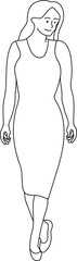 Cute woman in dress is walking with half turn head. Hand drawn line art of a female. Girl on a walk