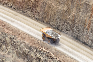 fully loaded mine truck driving out of the mine,  kalgoorlie, boulder, goldfields, western...