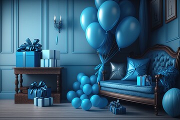 blue birthday decor - gifts, toys, balloons for a children's party. generative ai