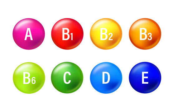 Set of colored vitamin. Vitamin A, B1, B2, B3, B4, C, D, E. Multivitamins capsules isolated on blue background.