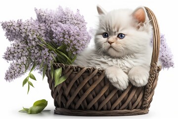 white kitten sits in a basket with lilacs .spring , generative AI