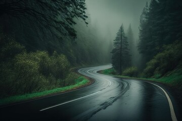 Fototapeta premium wet asphalt road through the forest. natural dramatic background. Generative AI