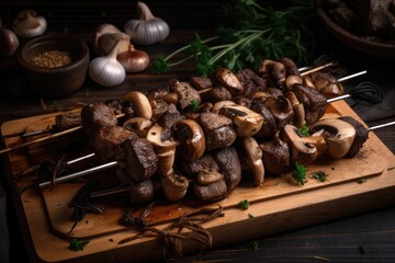 wooden skewer with grilled beef, mushrooms and onion, created with generative ai