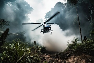 Fototapeta premium helicopter lands in dense jungle with smoke billowing from its engine, created with generative ai