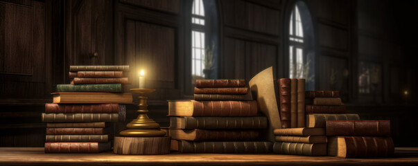 Magical world of ancient knowledge: Old library with rare antique books on wooden table. Generative AI