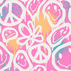 Groovy smile seamless pattern in Urban street art style with funny happy daisy in pink. Graphic underground unisex design for t-shirts. Hipster retrowave with 90s style. Psychedelic rave background.