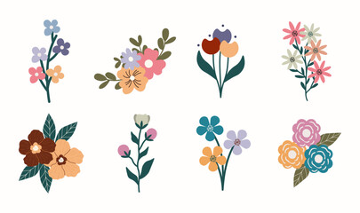 Botanical set of flowers, different flowers isolated on white background.  Clipart scrapbook