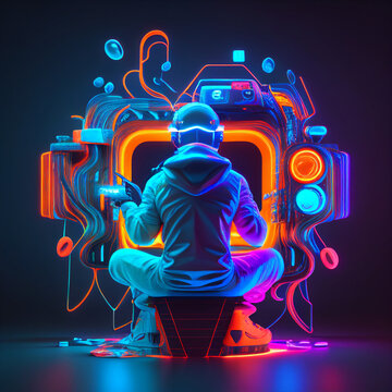 3D Rendering of Man Playing Video Game in Colorful Neon Environment

 - generative AI