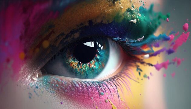 Close up view of human eye with bright multicolored, Holi indian color festival . Generative ai