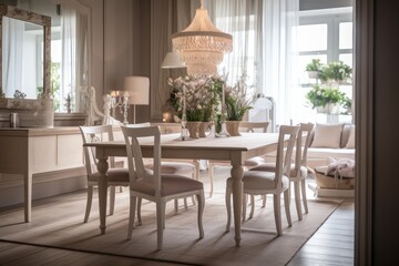shabby chic dining table, with simple lines and metal legs, surrounded by luxurious chairs, created with generative ai