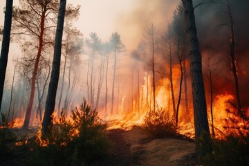 Obraz premium Large-scale forest fire, catastrophe. Climate change. The problem, the impact of fire on the environment and human health. generative ai.