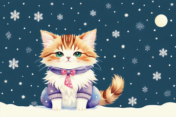 An adorable cute cat character warmed up in winter clothes standing in nice hat and scarf ready to celebrate christmas created with generative ai