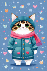 An adorable cute cat character warmed up in winter clothes standing in nice hat and scarf ready to celebrate christmas created with generative ai