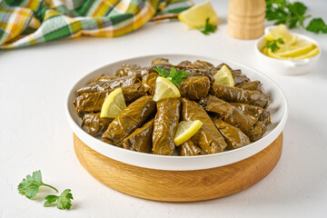 Stuffed grape leaves . Traditional caucasian, mediterranean and middle eastern cuisine