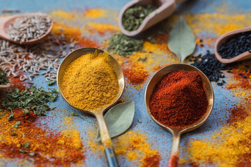 A set of fragrant spices. Turmeric, paprika, dried parsley, dill, rosemary, cumin, garlic, bay leaf and a bottle of oil on a gray background. Free space.
