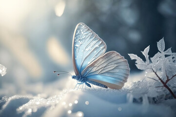 Butterfly in the snow, shiny glowing butterfly, snow background