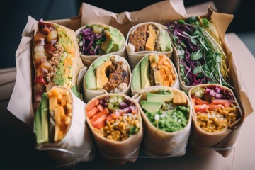 box of tasty and affordable vegan wraps, ready to eat, created with generative ai - obrazy, fototapety, plakaty