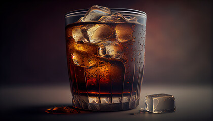Close-up glass of cola with ice cubes. Al generated