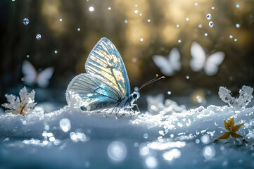 Plakat Butterfly in the snow, shiny glowing butterfly, snow background
