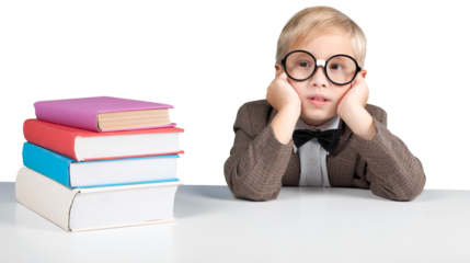 Portrait of a cute young boy in  glasses thinking over background
