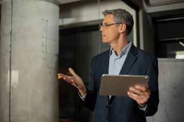 Portrait of successful businessman in office. Man writing on the glass board in office.