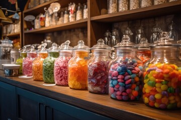 Fototapeta na wymiar candy shop with jars of colorful candy, tempting customers to indulge, created with generative ai