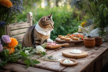 cat chef, cooking up tasty treat with ingredients from garden, in serene and natural setting, created with generative ai
