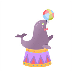 Circus seal playing with ball, funny animal with bow tie performing carnival show