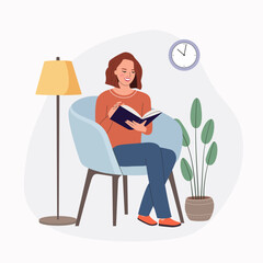Fototapeta na wymiar Young woman relaxing on chair and reading book. Vector flat style cartoon illustration