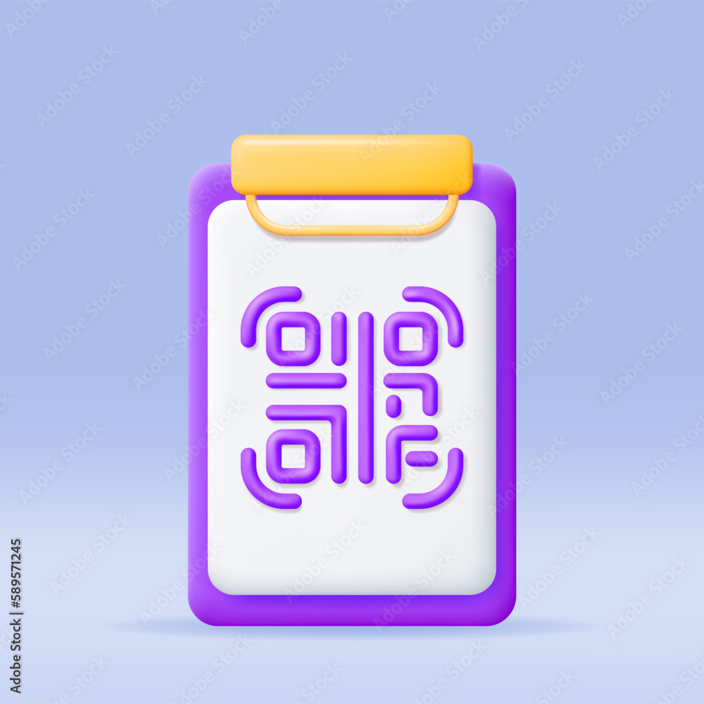 Poster 3d qr code icon in clipboard. render modern qr code symbol. concept of online shopping. advertisemen