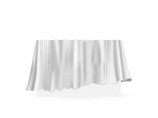 White cloth drapery covering rectangle table. Silk fabric hanging on gift for surprise reveal vector illustration. Hidden secret under veil decoration. Mysterious presentation event