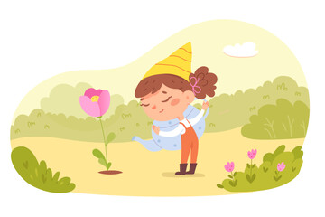 Cute baby gnome watering spring flower in garden, girl gardener in hat holding kettle