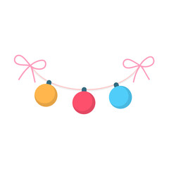 Christmas balls hanging on rope, yellow blue and red glass baubles to celebrate Xmas