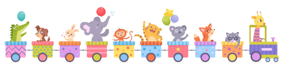 Cute train with animals vector illustration. Cartoon isolated funny happy animals ride toy railway locomotive and rainbow carriages with patterns, number signs, little characters learning counting