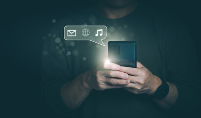 Communication concept with internet technology, customer service communication, telephone, email, global data connection concept. with technology Internet, online marketing, and business processes.