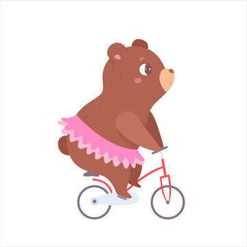 Cute circus bear on bicycle, funny girl animal and brown cutie in pink skirt riding bike