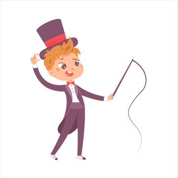Circus tamer, brave boy trainer in vintage tuxedo and top hat holding whip, waving