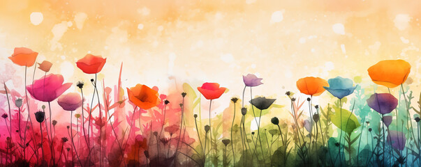 Abstract colorful flower meadow on watercolor paper background. Floral Banner concept. Generative AI.