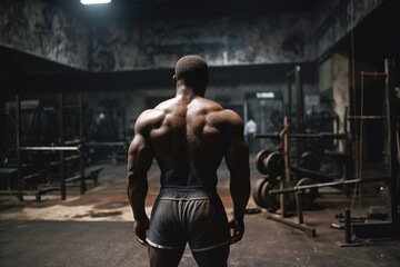 Naklejka na ściany i meble Back view of black bodybuilder in grunge gym . Generative AI.